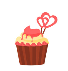 Happy valentine day cupcake concept. Bakery and homemade food. Cake with beige glaze and pink hearts. Social media sticker. Cartoon flat vector illustration isolated on white background