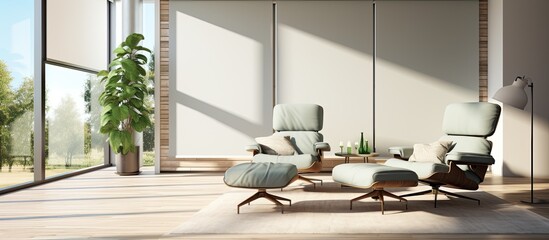 Motorized roller shades on tall windows in the interior Armchairs with green pillows near motorized roller blinds in the kitchen Sunny day Sunscreen curtains