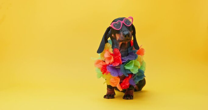 Dog dachshund wearing extravagant clothing lei Hawaiian flower necklace, heart shaped glasses posing at tropical beach party Bright stylish accessories for summer, festive glamorous image of star 