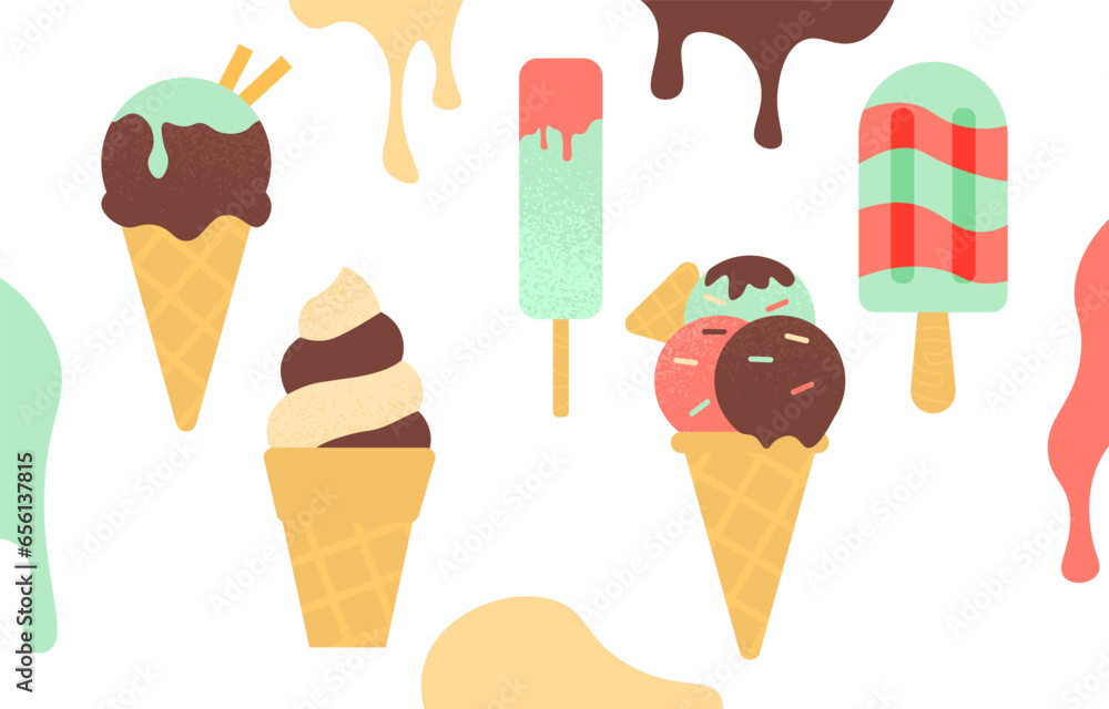 Poster ice cream seamless pattern concept. repeating design element for printing on fabric. frozen dessert 