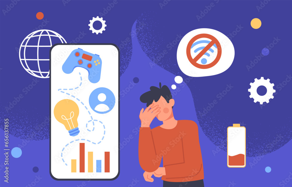 Aufkleber man with information overload concept. young guy near smartphone with lightbulb and graphs, diagrams
