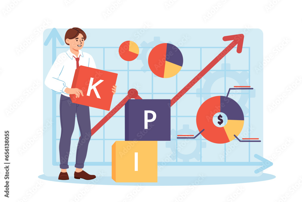 Poster man with kpi concept. successful worker and employee. young guy with statistics and infographic. bus