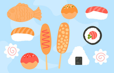 Korean food set. Fish and seafood with rice. Rolls and sushi. Menu of traditional asian restaurant and cafe. Japanese eating. Cartoon flat vector collection isolated on blue background