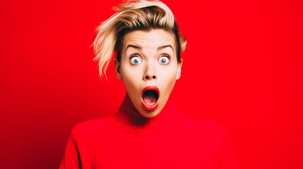 White woman doing a shocked look on tan background  - obrazy, fototapety, plakaty