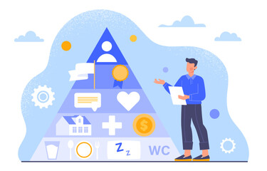 Man with pyramid of needs concept. Psychological and sociological research. Sleep and food, safety and home, love and reputation and self realization. Cartoon flat vector illustration