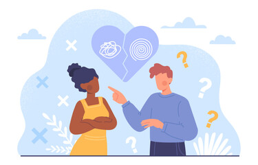 Relationship problems concept. Man and woman near broken heart. Quarrels and scandals in family, dissatisfied husband and wife. Frustration and depression. Cartoon flat vector illustration