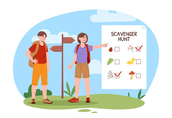 People at scavenger hunt concept. Man and woman with backpacks outdoor. Hiking and camping, active lifestyle. Young couple at nature searching for blue flower. Cartoon flat vector illustration - obrazy, fototapety, plakaty