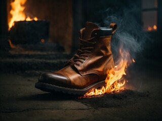 leather boot on fire