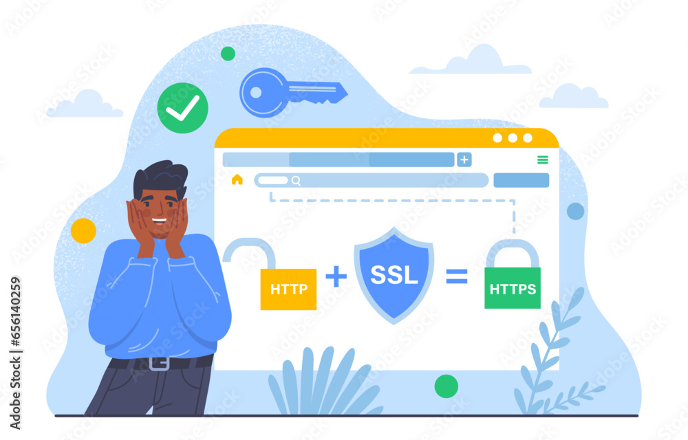Poster man with ssl concept. secure sockets layer. young guy near shield and padlock at webpage. system of 