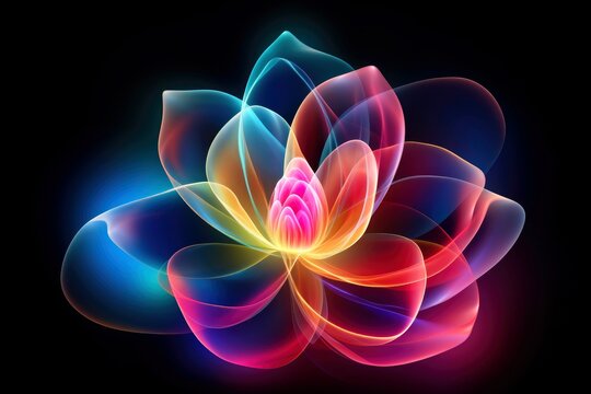 Multicolor neon light flowers isolated on black background