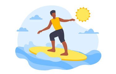 Surfer at sea concept. Man in swimsuit in hot weather at yellow surfboard. Active lifestyle and extreme sports. Young guy in tropical and exotic country. Cartoon flat vector illustration
