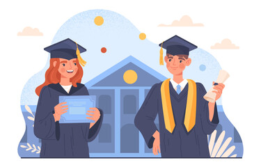 Students at graduation concept. Man and woman near university. Young happy girl and guy with diplomas and certificates. Education and training, learning. Cartoon flat vector illustration