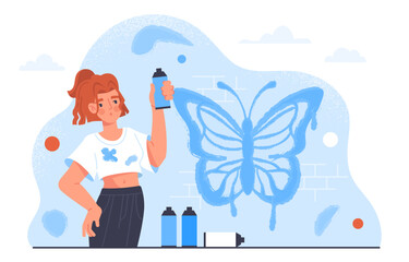 Woman with wall painting concept. Young girl with spray paint paints silhouette of butterfly on wall. Art and creativity at city streets. Vandalism and hooliganism. Cartoon flat vector illustration