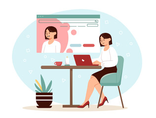 Woman make website concept. Young girl near laptop create webpages. Designer and freelancer at workplace. Creativity and design elements for site. Cartoon flat vector illustration