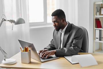 Fototapeta premium computer man job office student conference online education african american laptop freelancer