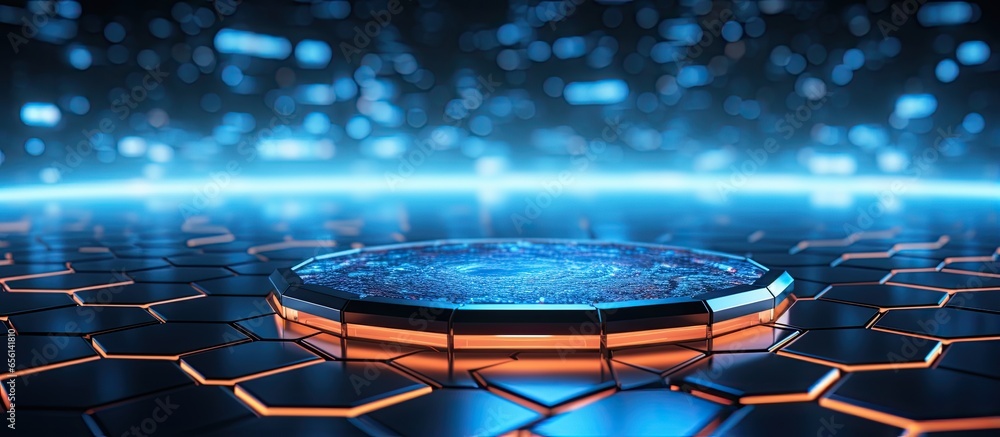 Poster concept of protection and security portrayed through a hexagon grid sphere nano shield with glowing 