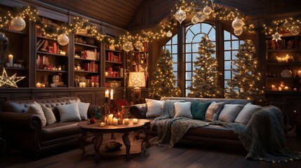 Fototapeta na wymiar cozy lights and hanging glittering stars Christmas decorations in room generated by AI tool 