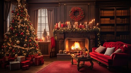 Fototapeta na wymiar fireplace with Christmas decorations in room generated by AI tool 