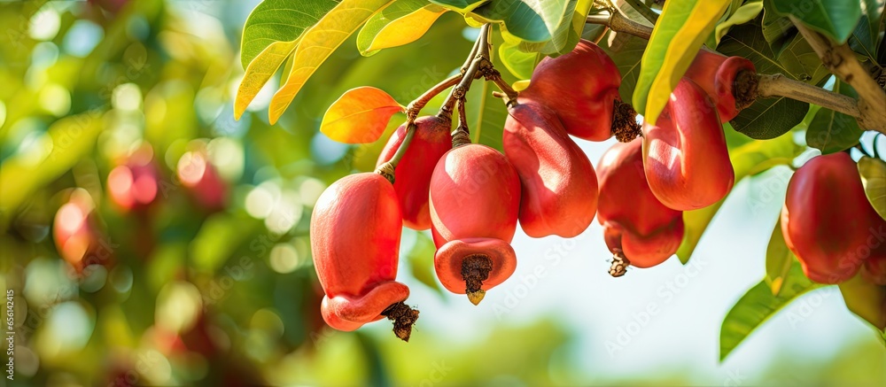 Sticker ripe cashew fruit growing on farm trees