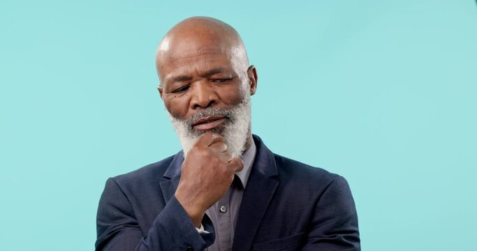 Face of mature black man in studio, thinking and happy with business mockup, memory and insight. Reflection, smile and thought, businessman with hand on beard and blue background brainstorming ideas.