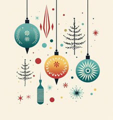 Vintage Christmas Illustration Design: Retro Mid Century Modern Ornaments and Festive  Patterns. Generative AI.