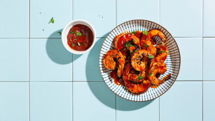 Grilled shrimp with hot sauce and herbs