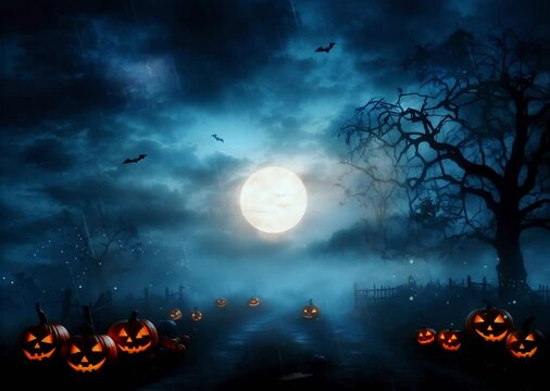 Scary flying bats over the graveyard, mist, and full moon effects animation