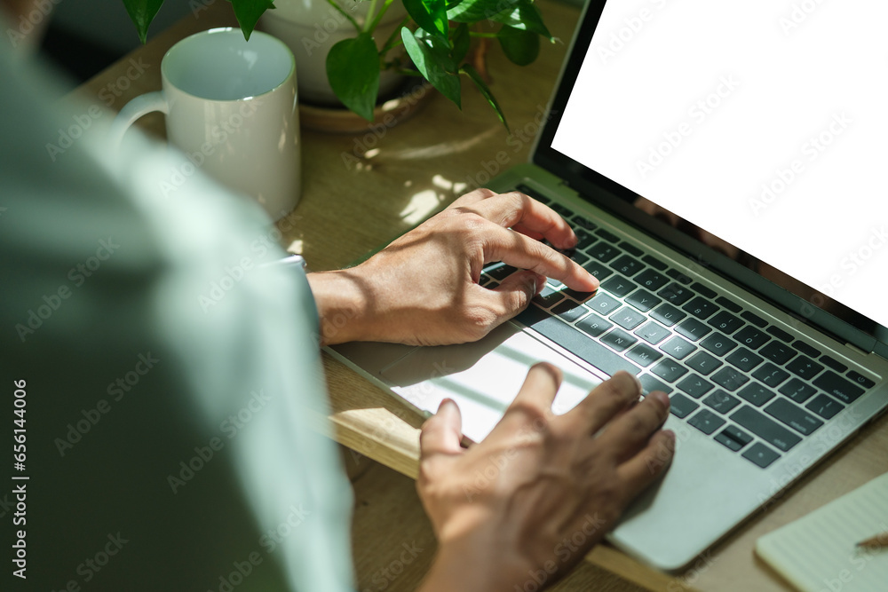 Poster over shoulder view of man office worker using laptop computer at workstation.