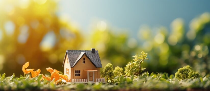 Spring background with a tiny toy house symbolizing family mortgage construction rental and property concepts Eco friendly home design template with space for copy