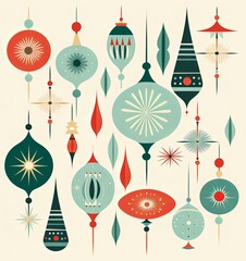 Vintage Christmas Illustration Design: Retro Mid Century Modern Ornaments and Festive  Patterns. Generative AI.