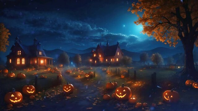 Haunted house halloween in the dark with pumpkins, seamless looping video background animation.