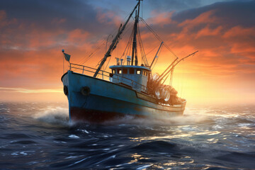 Beautiful AI Scenery: Fishing Trawler in Action on a Misty Morning