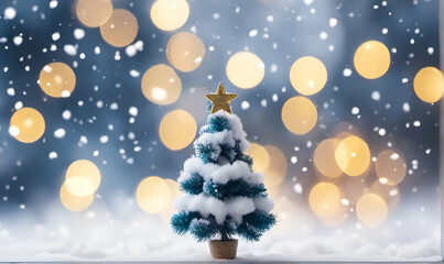 Small Christmas decorated tree on a blurred soft background with bokeh and falling winter snow
