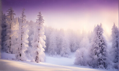 Snowy Christmas background with forest and trees, purple colors