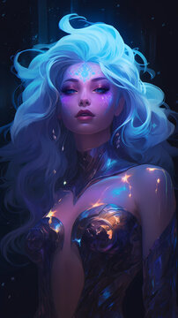 Hand drawn illustration of beautiful supernatural goddess with mysterious power
