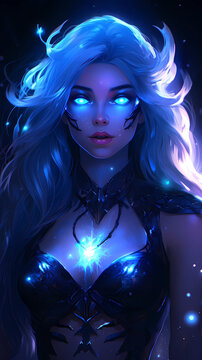 Hand drawn illustration of beautiful supernatural goddess with mysterious power
