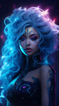 Hand drawn illustration of beautiful supernatural goddess with mysterious power
