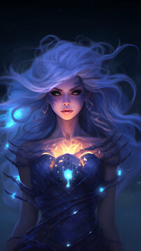 Hand drawn illustration of beautiful supernatural goddess with mysterious power
