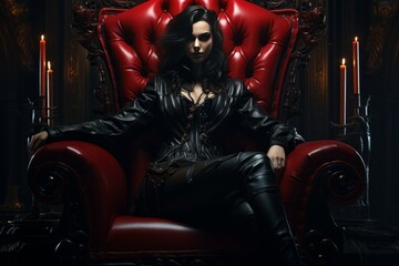Strict dominatrix sits on a red throne in a black outfit Generative AI - obrazy, fototapety, plakaty