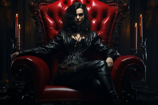 Strict dominatrix sits on a red throne in a black outfit Generative AI