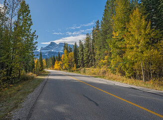 Fototapeta na wymiar Paved autumn road with Mount Rundle in Banff National Park, Alberta, Canada
