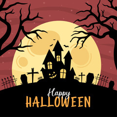 Halloween poster, flyer template design. Happy Halloween party poster. Social media post template with old mansion, graveyard and scary pumpkin. Art cover horror night. October 31 holiday evening.