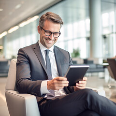 Smiling Businessman in Airport Terminal  Melding Business and Travel, Staying Connected with Digital Tablet