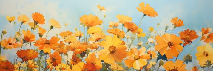 Yellow and orange small flowers, bright sky, heavy color oil painting stick style, generative AI - obrazy, fototapety, plakaty