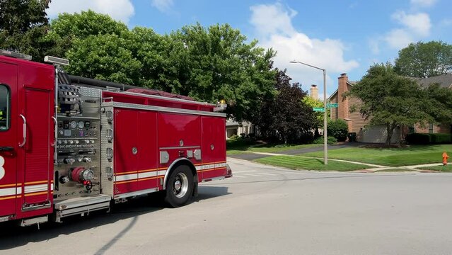 Fire truck equipment. Firetruck Responds to house call. federal heights in suburbs . Wide view