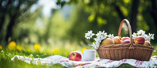 Picnic scene with white blanket basket of food fruit sandwiches green surroundings