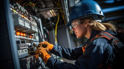 A commercial electrician at work on a fuse box, adorned in safety gear. Professional electrician