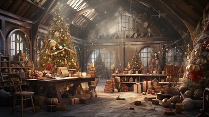 An enchanting scene of a Christmas crafting workshop filled with creativity and festive spirit, with textured decorations in the background, providing designated areas for text. AI generated - obrazy, fototapety, plakaty