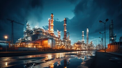 Fototapeta premium Industry pipeline transport petrochemical, gas and oil processing. The power industry factory at night