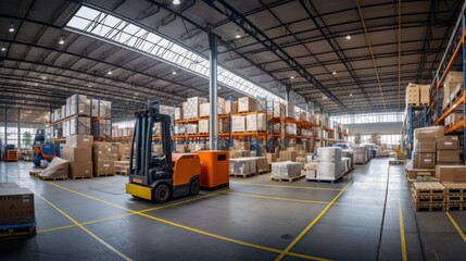 Panorama of huge distribution warehouse with high shelves with forklift at large warehouse